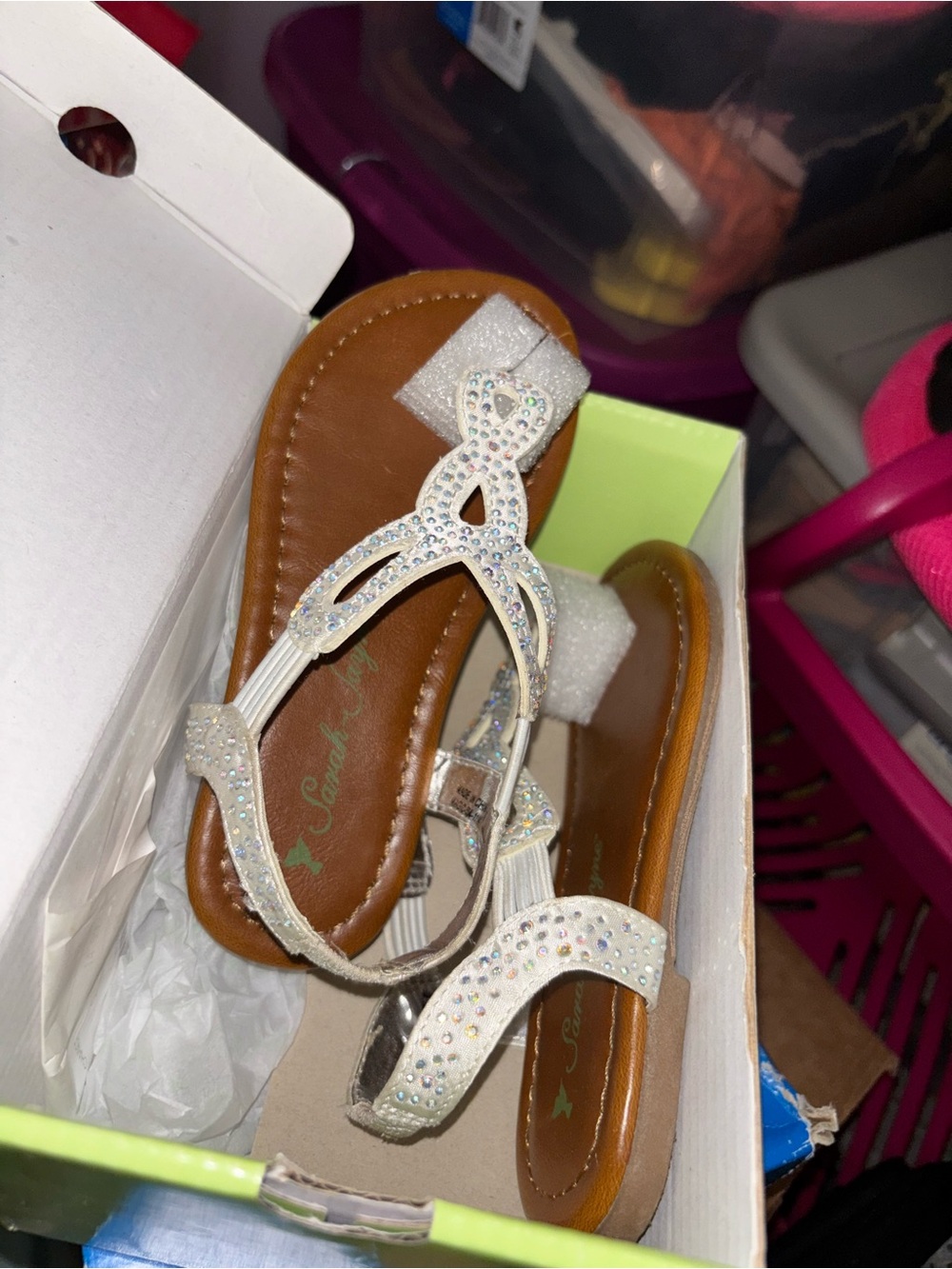 Girls' Rhinestone T-Strap Sandals - White